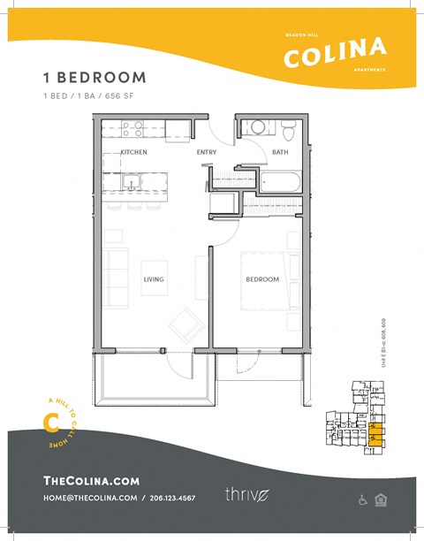 Floor plan for 1 bed, 1 bath, 655 sqft